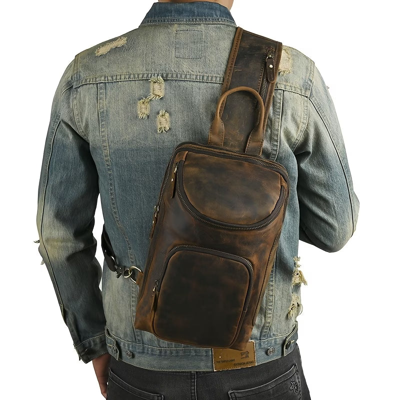 Genuine Top-Grain Cowhide Leather Chest Bag – Vintage Single-Shoulder Crossbody Bag