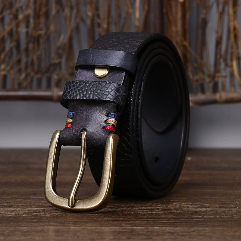 Extra-Thick Top-Grain Genuine Cowhide Belt with Brass Buckle