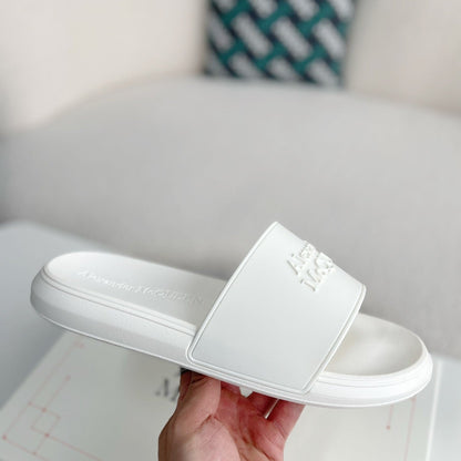 Unisex White Casual Letter-Print Slides