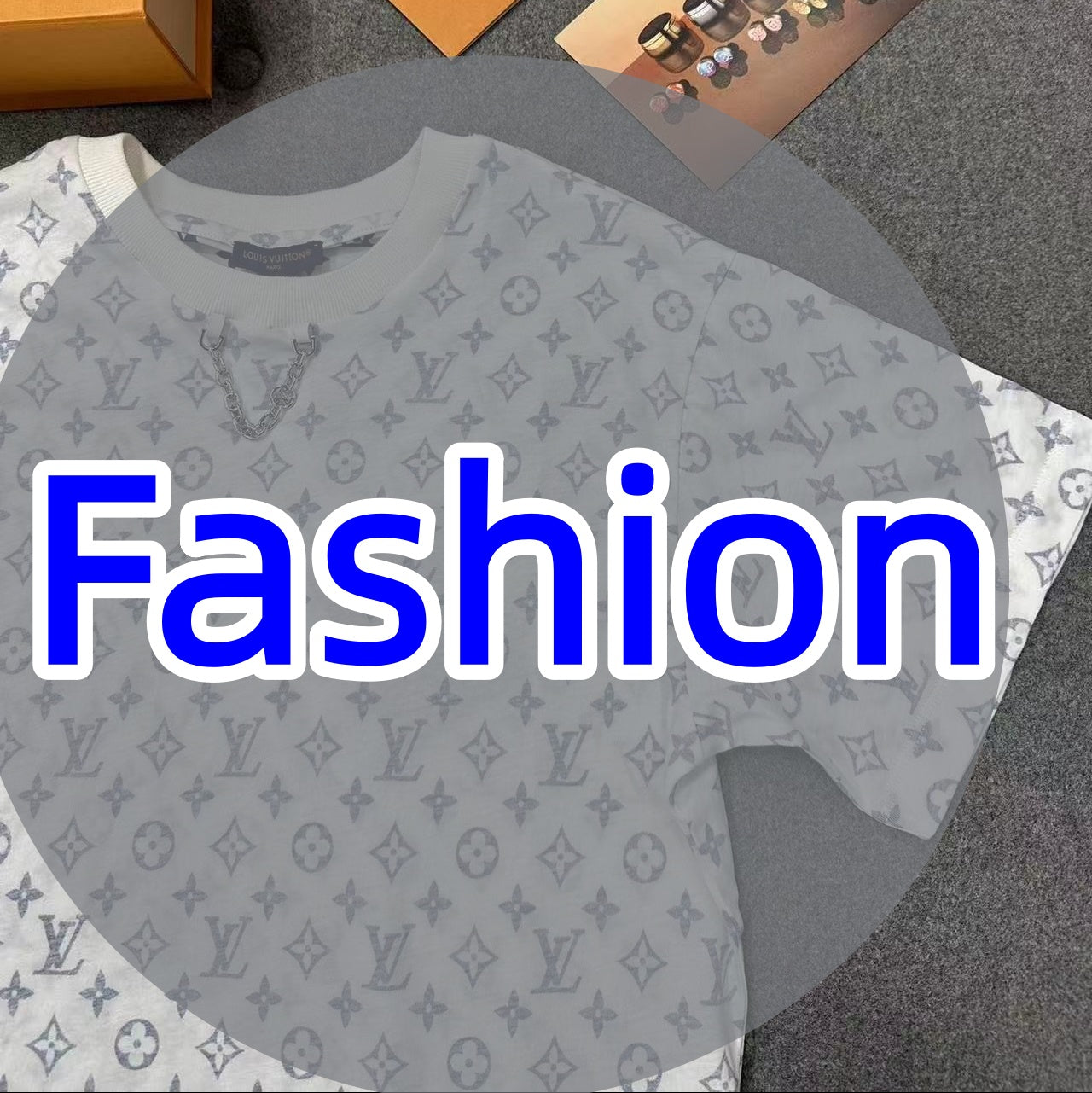 Luxury Brand Short-Sleeve T-Shirt with All-Over Print and Chain Collar Detail