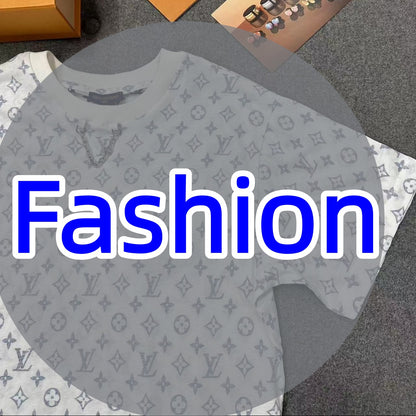 Luxury Brand Short-Sleeve T-Shirt with All-Over Print and Chain Collar Detail