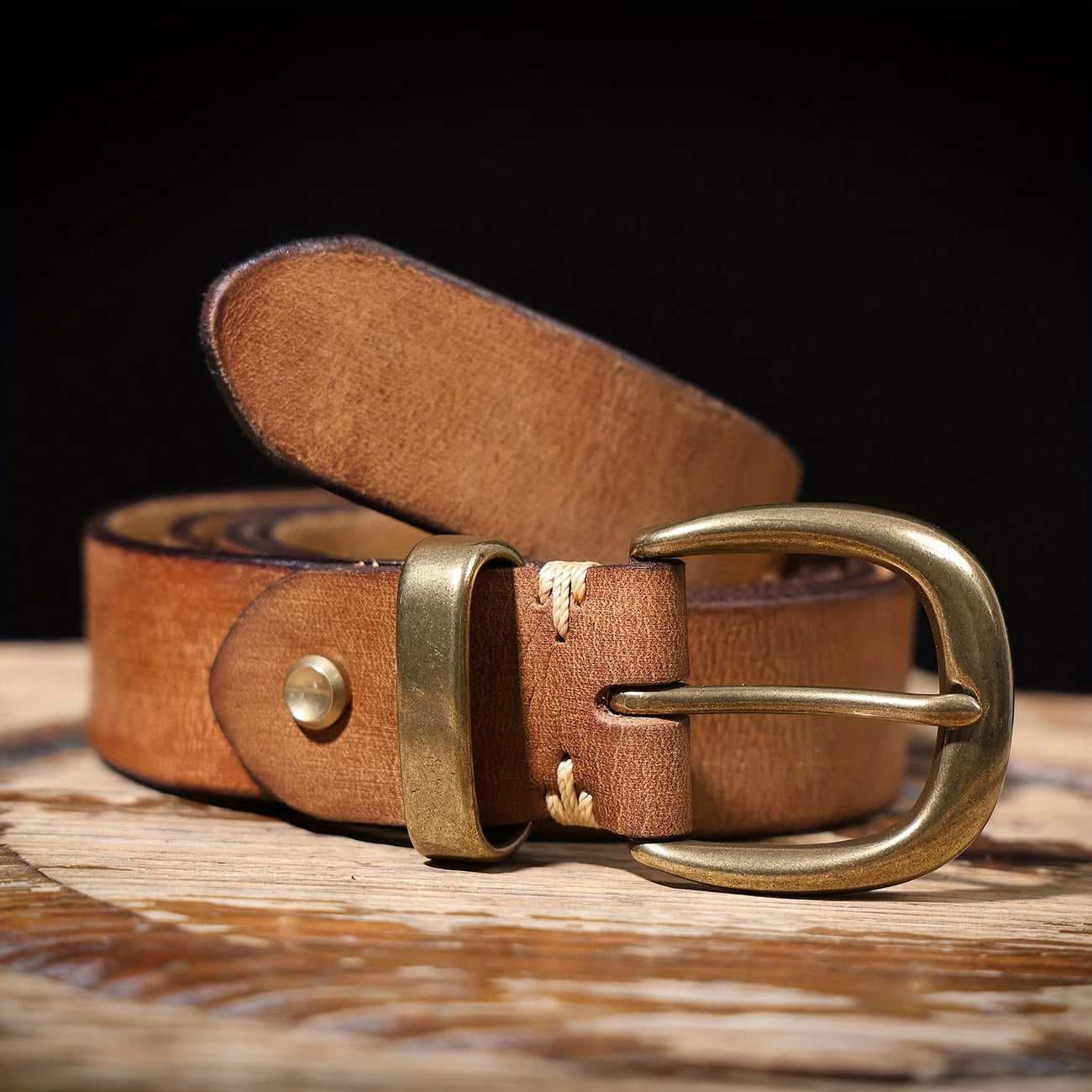 Vintage-style men's wide belt made of top-grain cowhide with a pure brass buckle; handcrafted genuine leather belt.