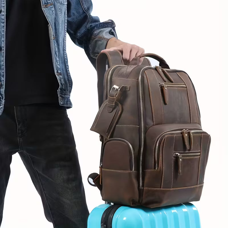 Retro Minimalist Genuine Leather Backpack in Dark Brown