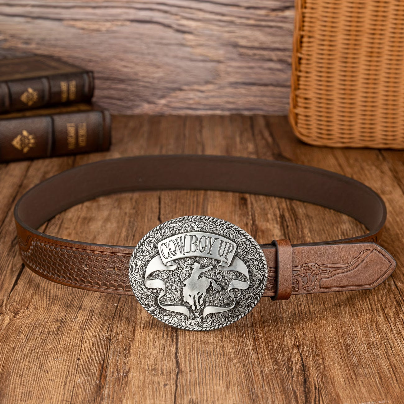 Western cowboy style, with a large oval buckle.