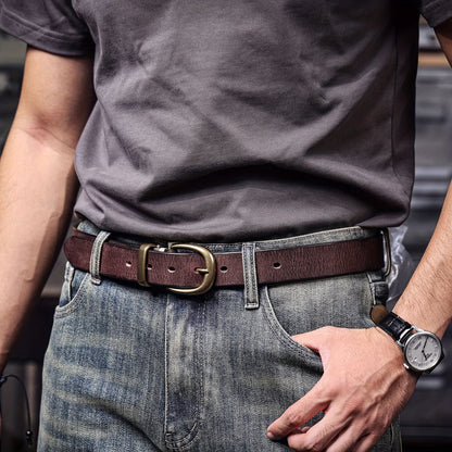 Vintage-style men's wide belt made of top-grain cowhide with a pure brass buckle; handcrafted genuine leather belt.