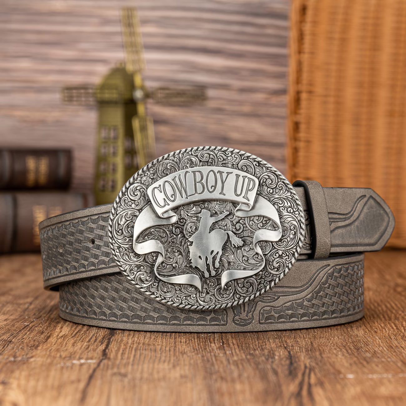 Western cowboy style, with a large oval buckle.