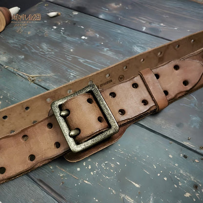 Vintage-style top-grain cowhide men's belt – double-pin brass buckle, double-row buckle design.