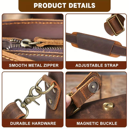 Vintage Genuine Leather Men's Briefcase, featuring an adjustable shoulder strap, gold-tone hardware, and a zippered closure.