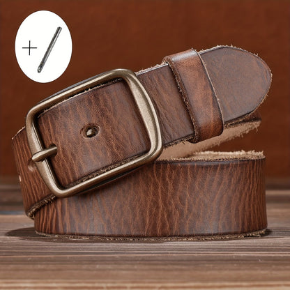 Men's Denim Belt | Western-Style Leather Belt | Casual Vintage Belt | Thick Cowhide Belt with Square Buckle