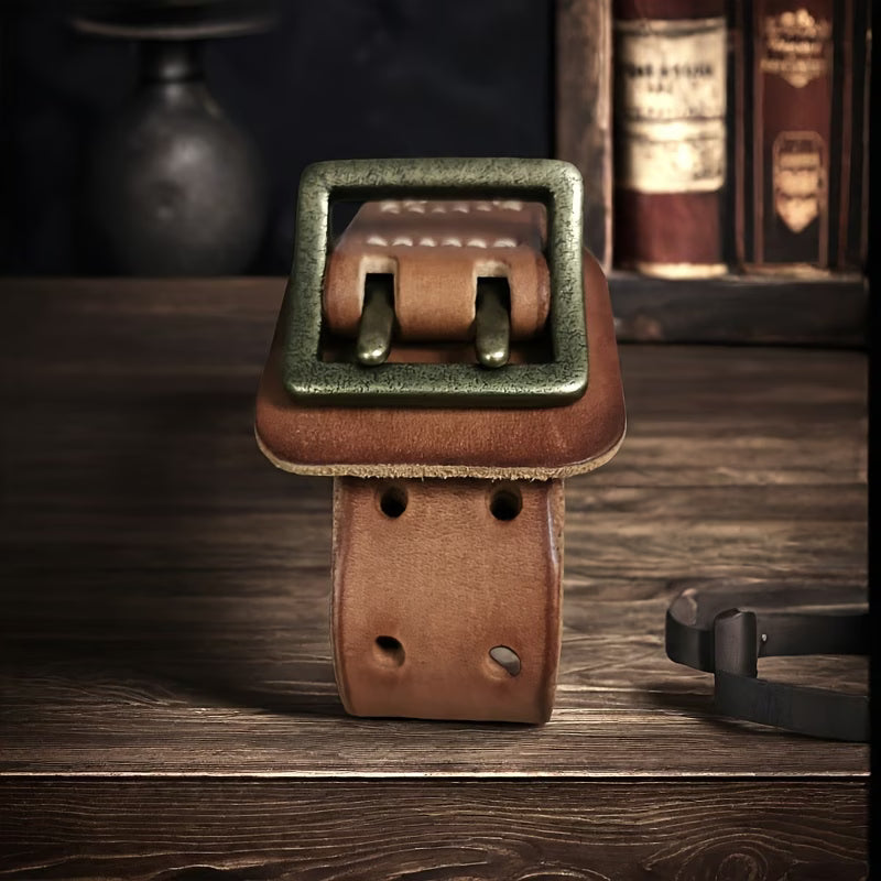 Vintage-style top-grain cowhide men's belt – double-pin brass buckle, double-row buckle design.