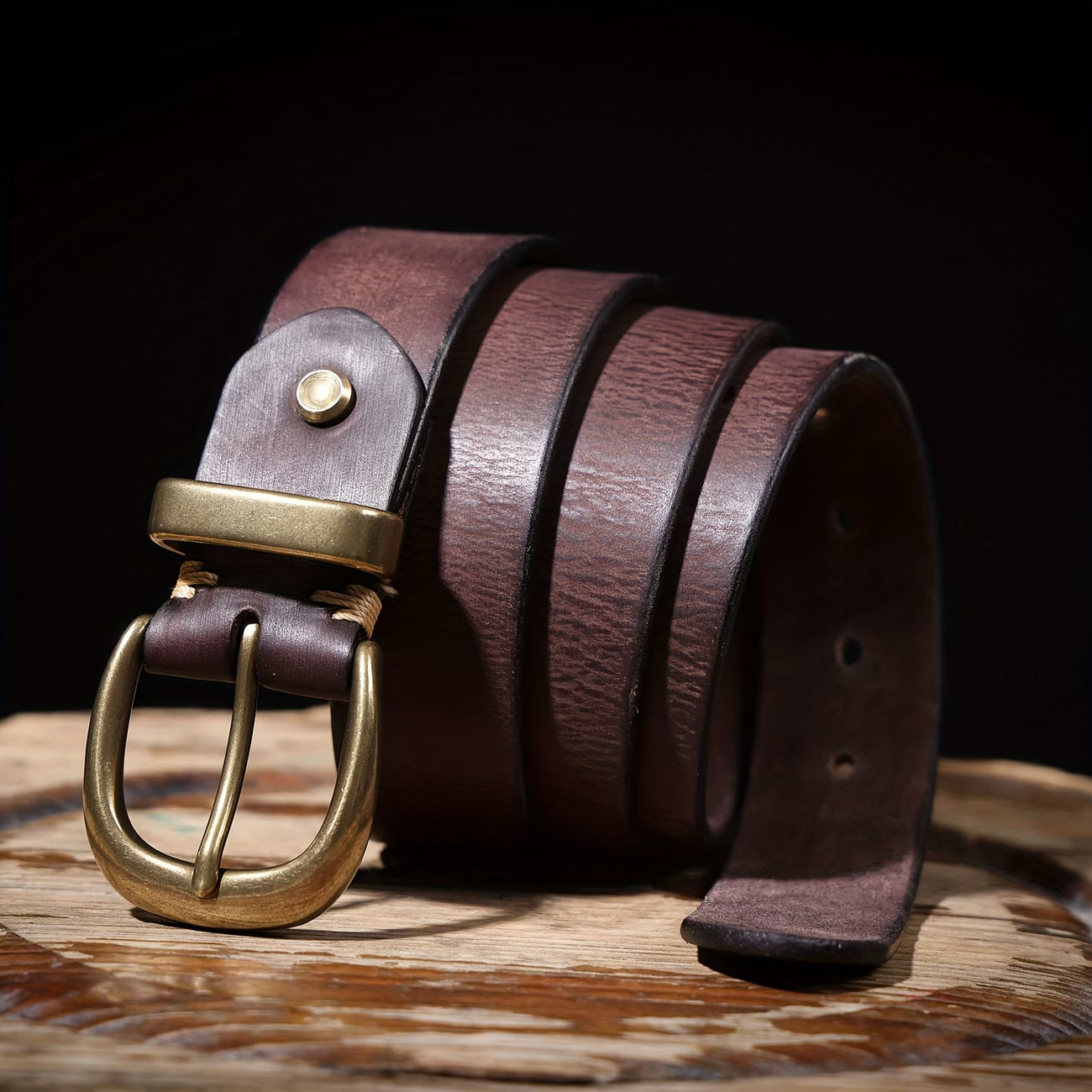 Vintage-style men's wide belt made of top-grain cowhide with a pure brass buckle; handcrafted genuine leather belt.