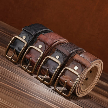 Men's Denim Belt | Western-Style Leather Belt | Casual Vintage Belt | Thick Cowhide Belt with Square Buckle