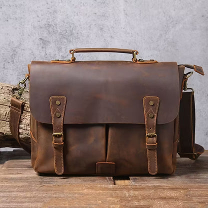 Vintage Genuine Leather Men's Briefcase, featuring an adjustable shoulder strap, gold-tone hardware, and a zippered closure.
