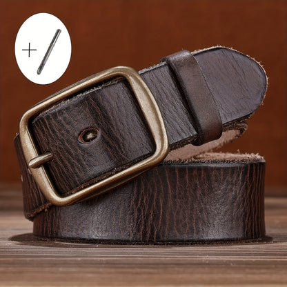 Men's Denim Belt | Western-Style Leather Belt | Casual Vintage Belt | Thick Cowhide Belt with Square Buckle