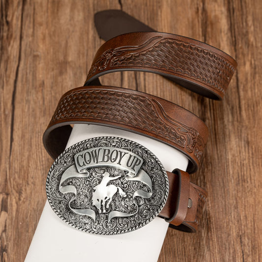 Western cowboy style, with a large oval buckle.