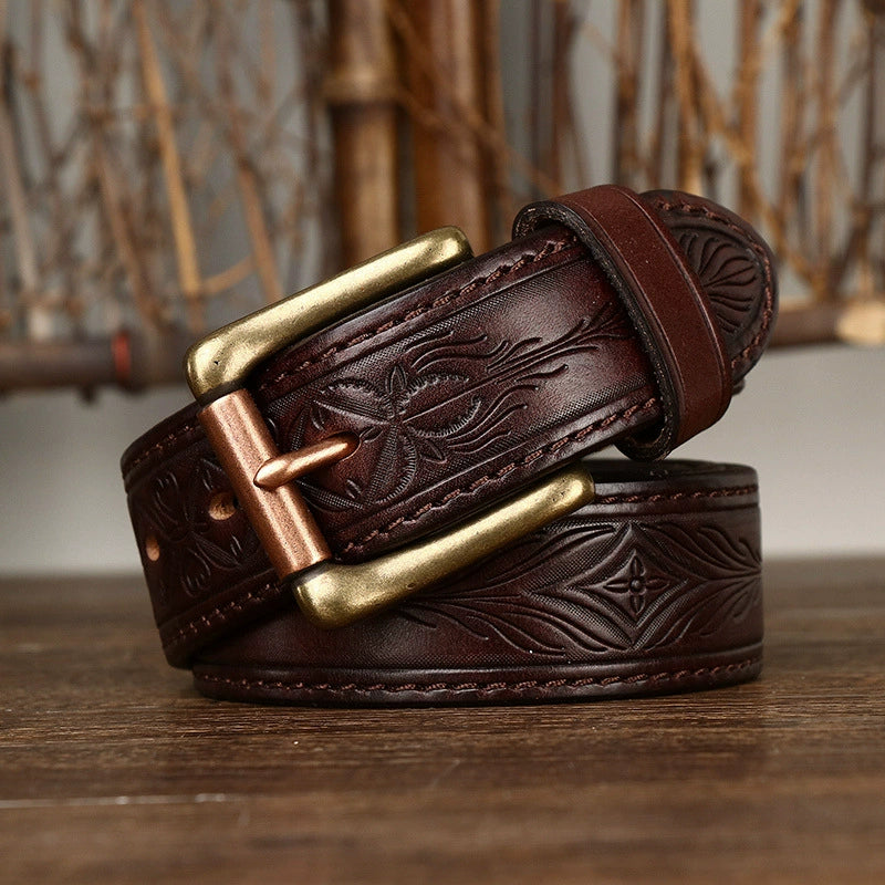 Reversible, Thickened Top-Grain Cowhide Belt with Embossed Texture and Brass Buckle