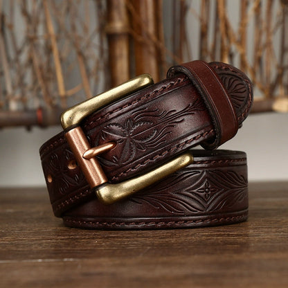 Reversible, Thickened Top-Grain Cowhide Belt with Embossed Texture and Brass Buckle
