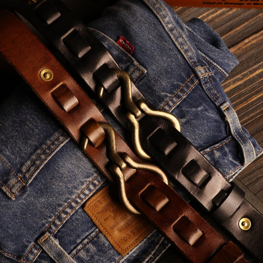 3.4cm Wide Genuine Leather Belt with Solid Copper Buckle