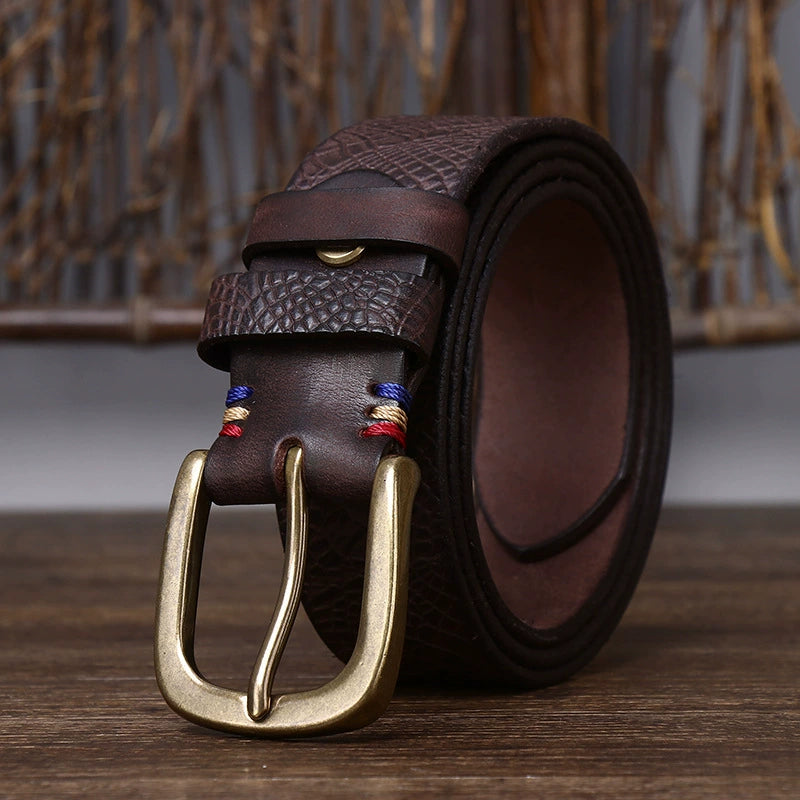 Extra-Thick Top-Grain Genuine Cowhide Belt with Brass Buckle