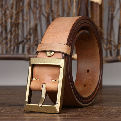 Top-Grain Cowhide Leather Belt with Brass Buckle — Genuine Leather Pin Buckle