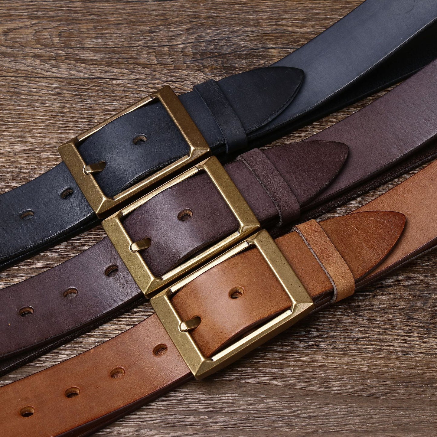 Top-Grain Cowhide Leather Belt with Brass Buckle — Genuine Leather Pin Buckle