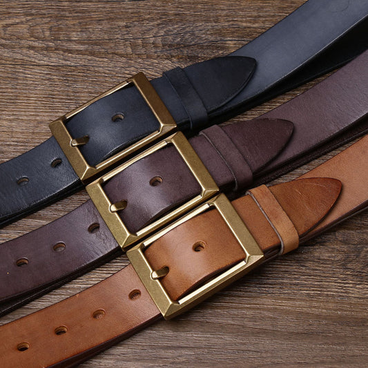 Top-Grain Cowhide Leather Belt with Brass Buckle — Genuine Leather Pin Buckle