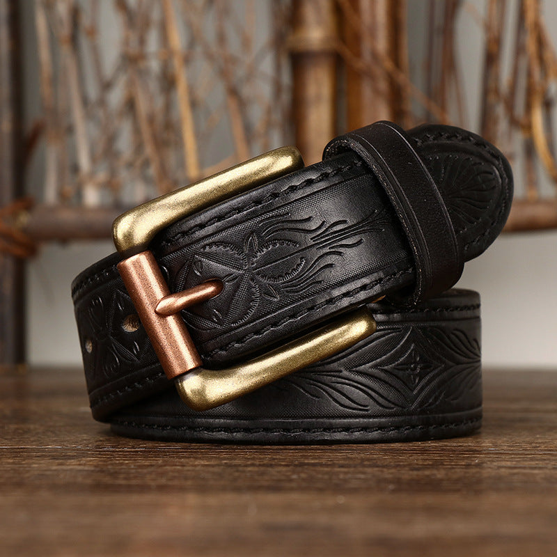 Reversible, Thickened Top-Grain Cowhide Belt with Embossed Texture and Brass Buckle