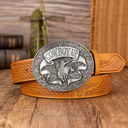 Western cowboy style, with a large oval buckle.