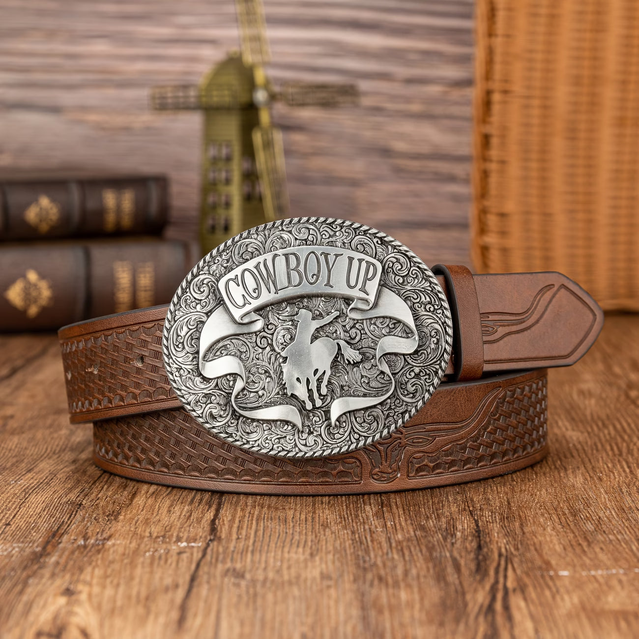 Western cowboy style, with a large oval buckle.