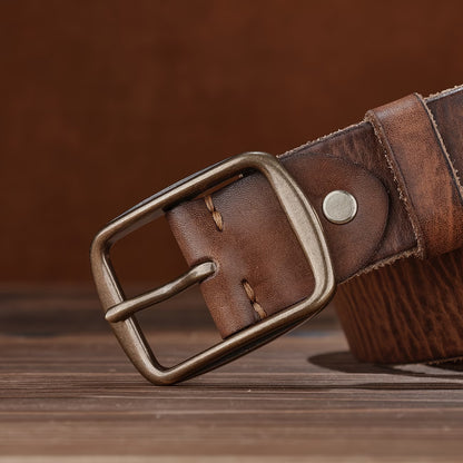 Men's Denim Belt | Western-Style Leather Belt | Casual Vintage Belt | Thick Cowhide Belt with Square Buckle
