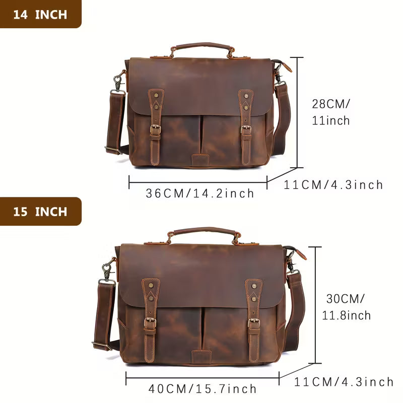 Vintage Genuine Leather Men's Briefcase, featuring an adjustable shoulder strap, gold-tone hardware, and a zippered closure.