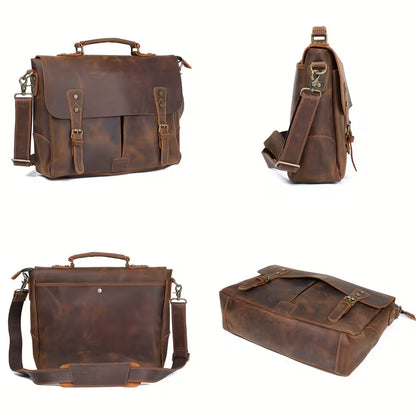 Vintage Genuine Leather Men's Briefcase, featuring an adjustable shoulder strap, gold-tone hardware, and a zippered closure.
