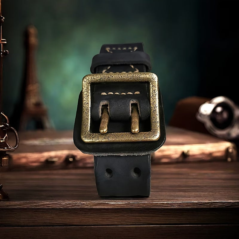 Vintage-style top-grain cowhide men's belt – double-pin brass buckle, double-row buckle design.