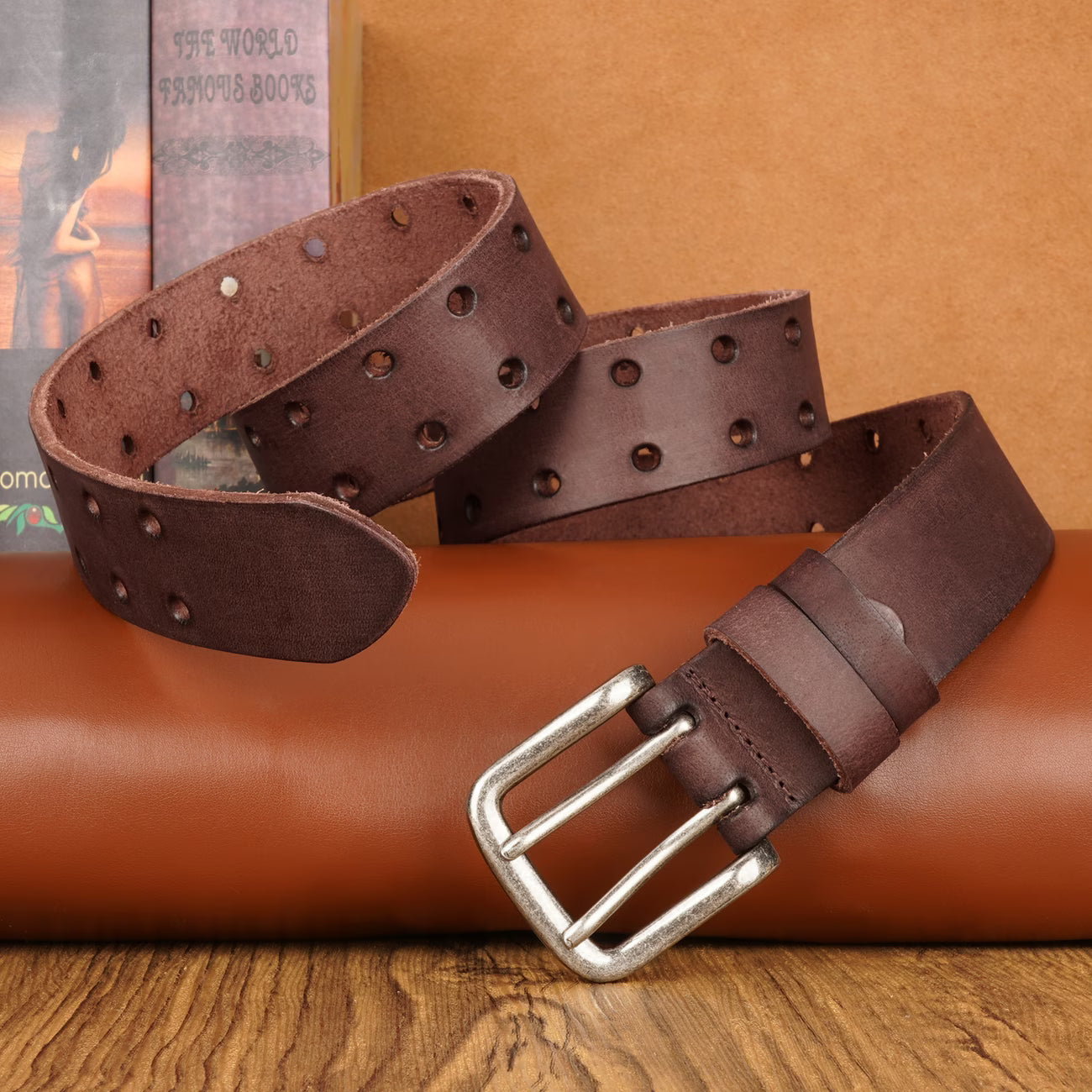 Crafted from full-grain cowhide, featuring a classic brass buckle.