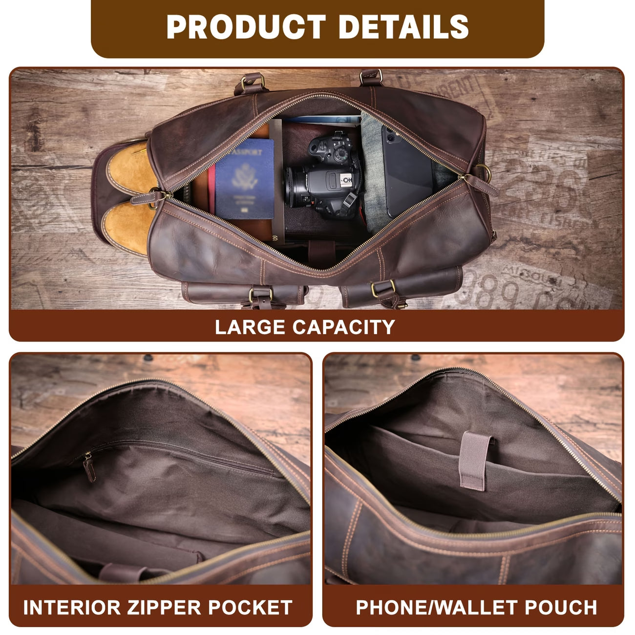 Large-Capacity Genuine Cowhide Duffel/Gym Bag – Handmade Vintage-Style "Crazy Horse" Leather Travel Bag