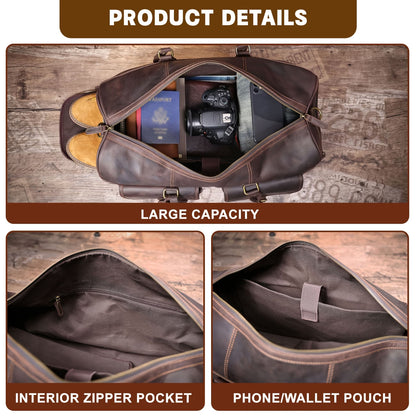 Large-Capacity Genuine Cowhide Duffel/Gym Bag – Handmade Vintage-Style "Crazy Horse" Leather Travel Bag