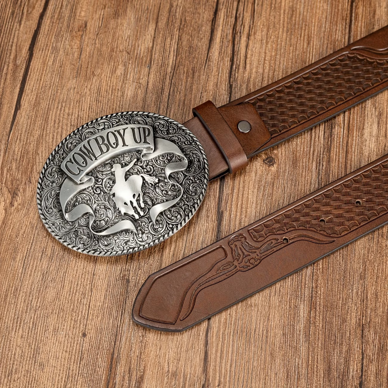 Western cowboy style, with a large oval buckle.