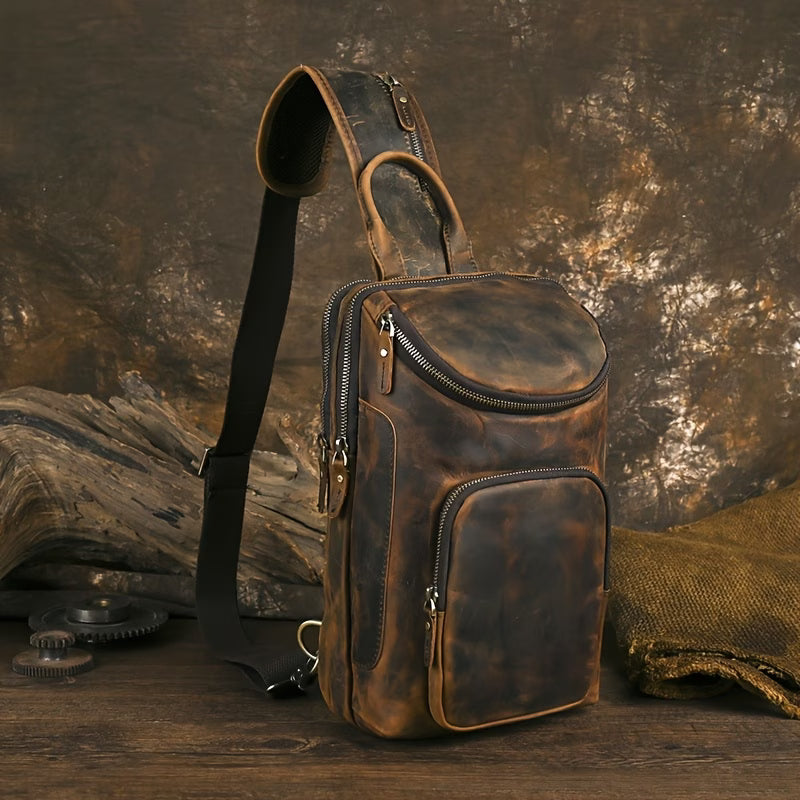 Genuine Top-Grain Cowhide Leather Chest Bag – Vintage Single-Shoulder Crossbody Bag