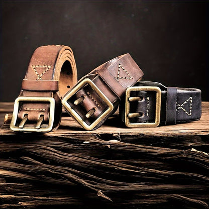 Vintage-style top-grain cowhide men's belt – double-pin brass buckle, double-row buckle design.