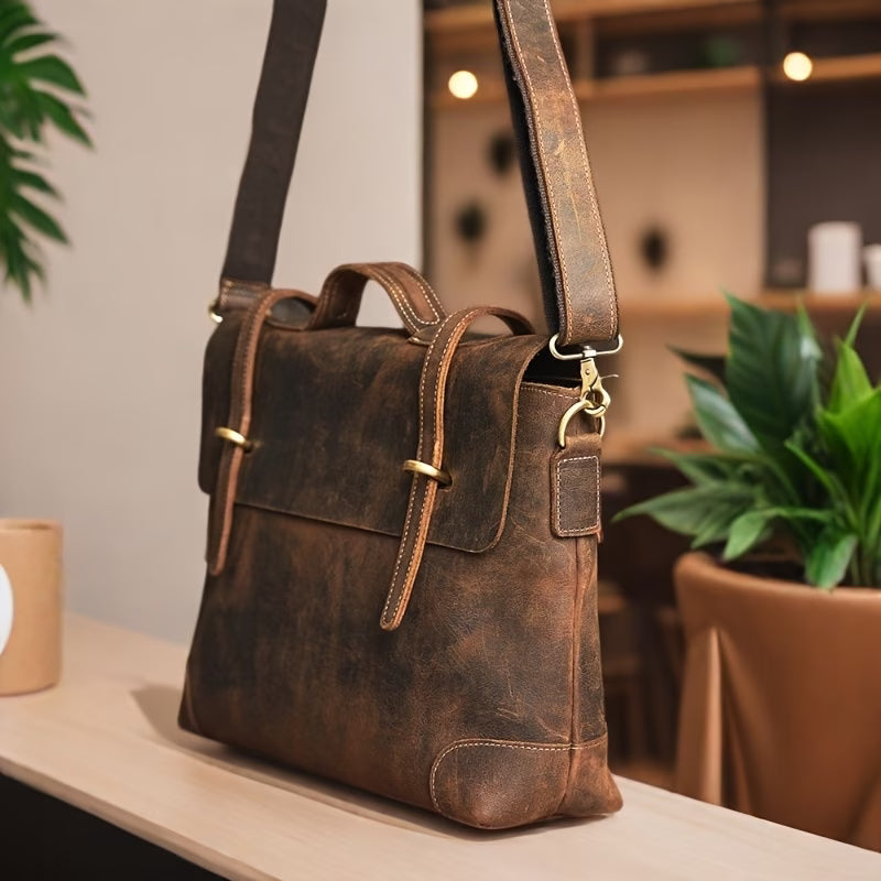 Briefcase/messenger bag in top-grain cowhide with a vintage style; features a shoulder strap suitable for crossbody wear.
