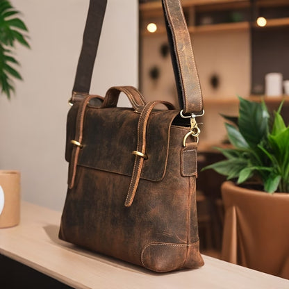 Briefcase/messenger bag in top-grain cowhide with a vintage style; features a shoulder strap suitable for crossbody wear.