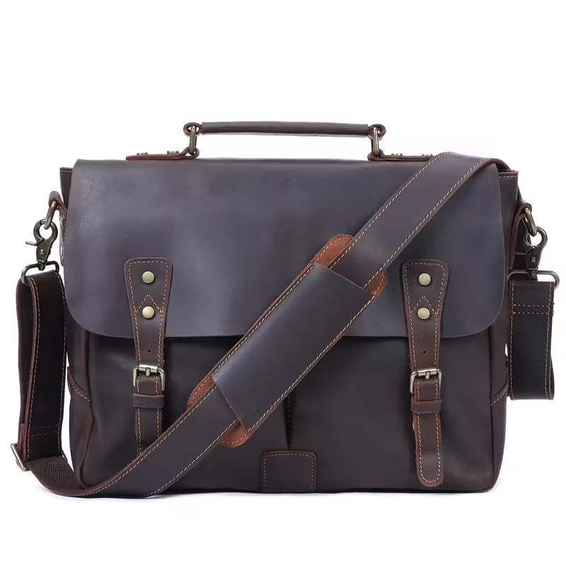 Vintage Genuine Leather Men's Briefcase, featuring an adjustable shoulder strap, gold-tone hardware, and a zippered closure.
