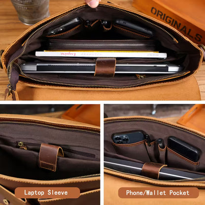 Vintage Genuine Leather Men's Briefcase, featuring an adjustable shoulder strap, gold-tone hardware, and a zippered closure.